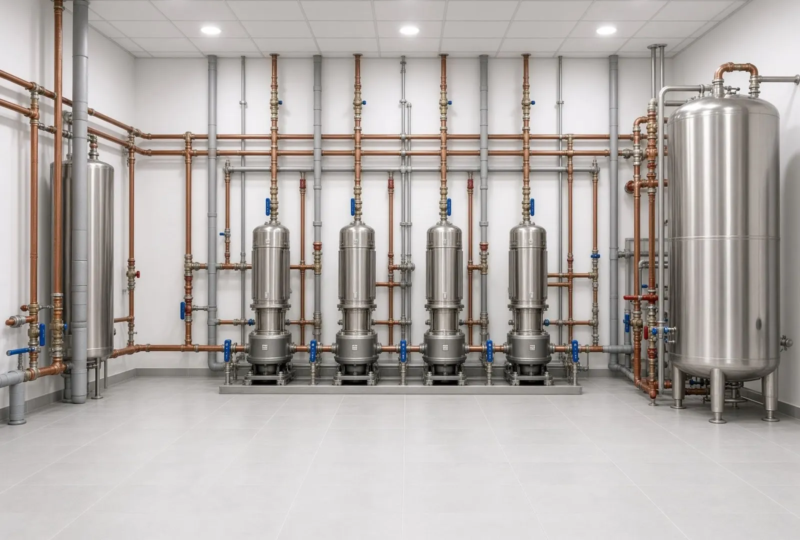 Booster pump room installation with copper headers