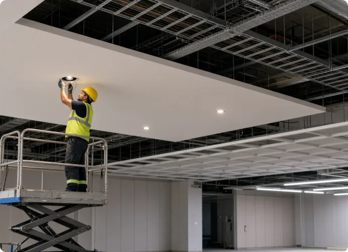 Ceiling lighting fit-out from a scissor lift