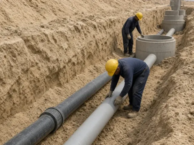 Workers installing an underground drainage pipeline