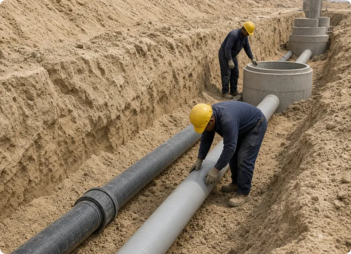 Workers installing an underground drainage pipeline