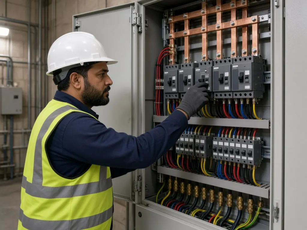Electrician installing LV switchgear and distribution boards