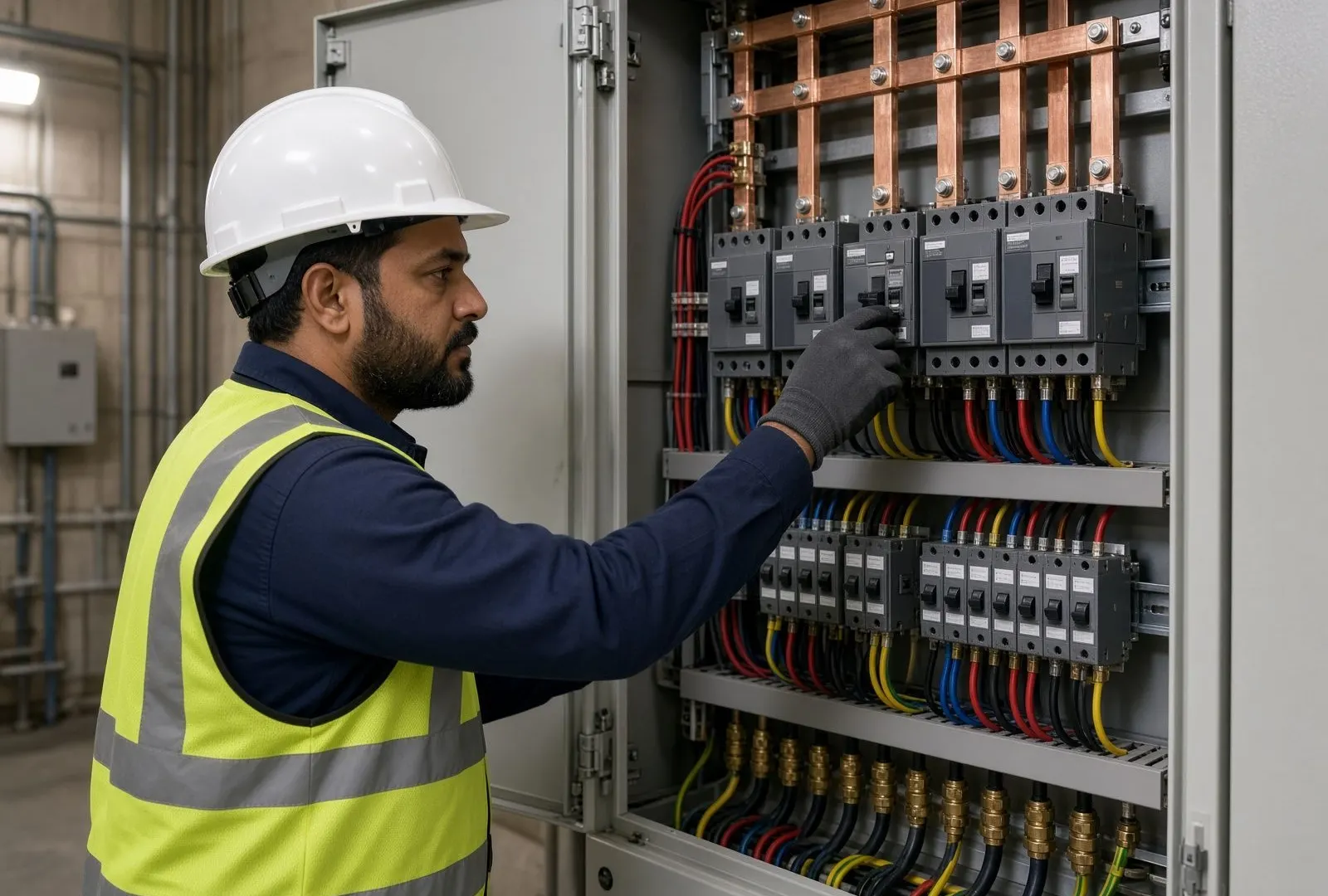 Electrician installing LV switchgear and distribution boards