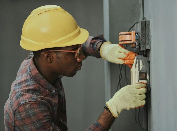 Electrician in a hard hat working on an electrical panel