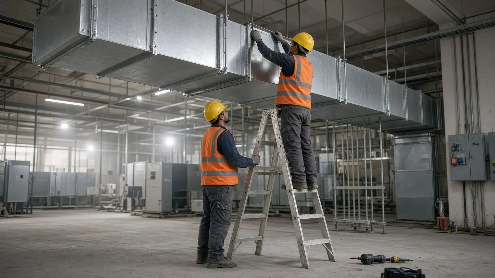 HVAC team installing galvanised ductwork on a commercial project