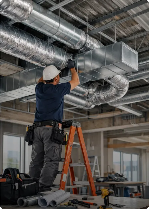 Technician installing HVAC ductwork from a ladder