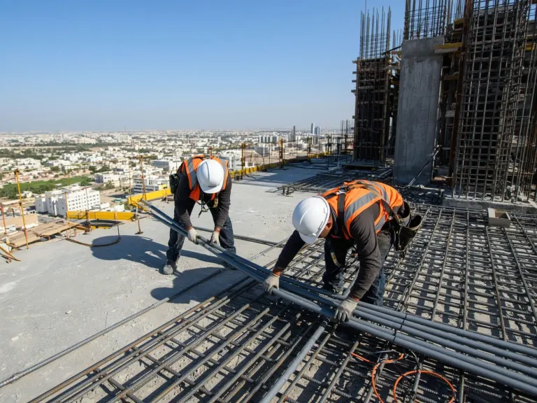 MEP site team installing services on a rooftop in the UAE