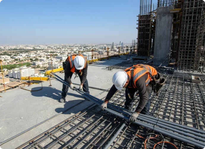 Workers installing rooftop conduits