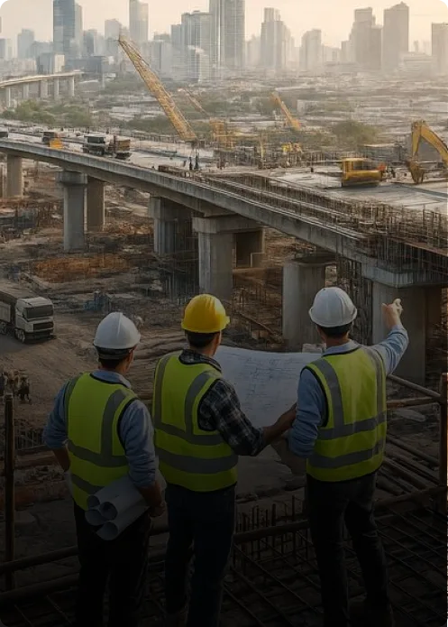 Technical manpower team in safety gear reviewing plans on site